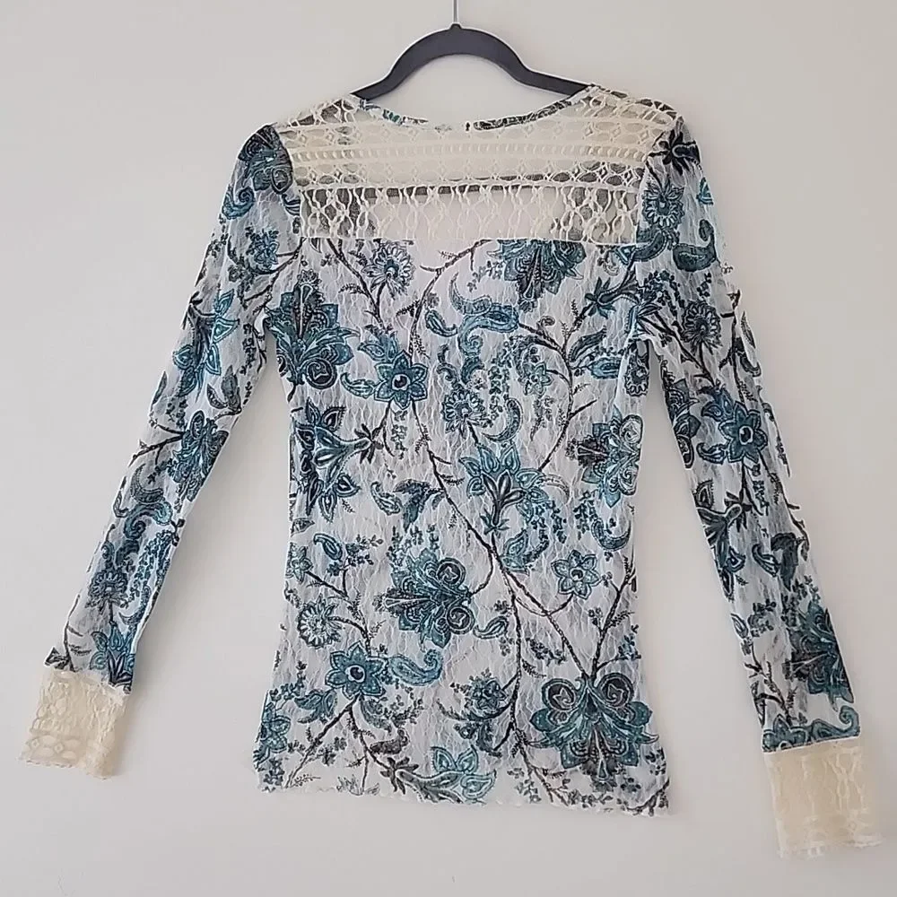 Y2K 90's Blue Floral Semi Sheer Mesh Tulle Beige Lace Trim Fitted Henley Top S E - Picture 9 of 12